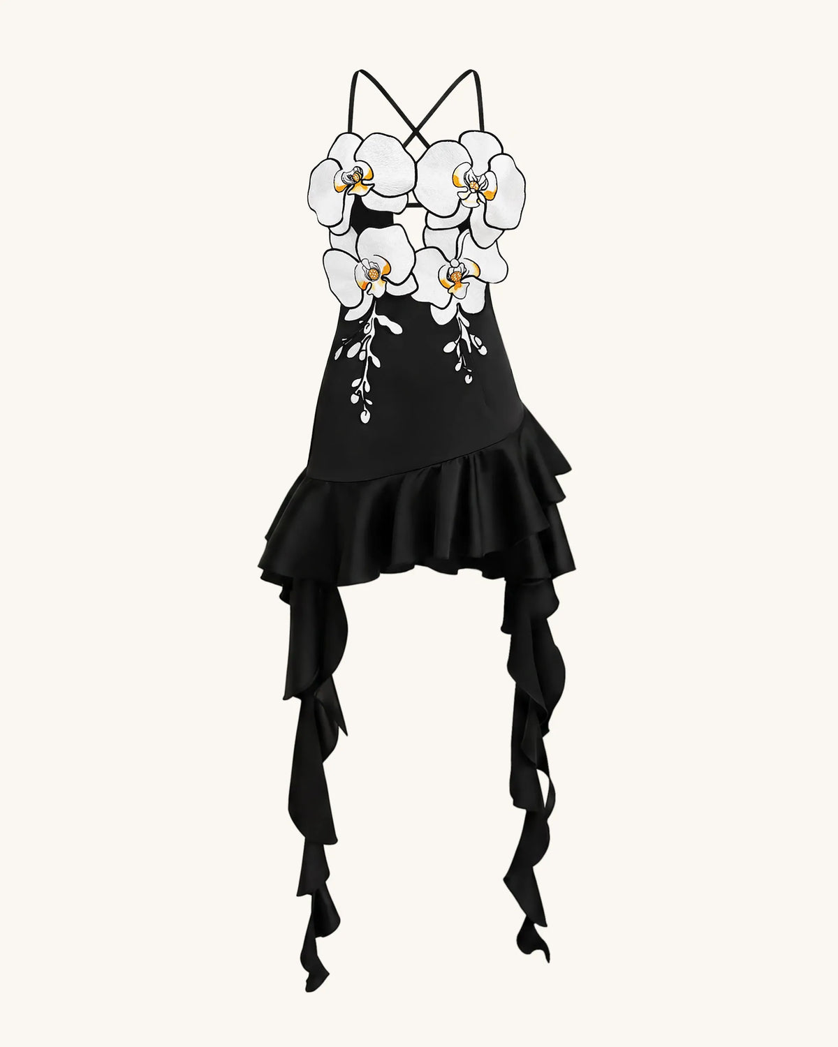 Orchid Embroidered Ruffle Hem Mini Dress - Black
