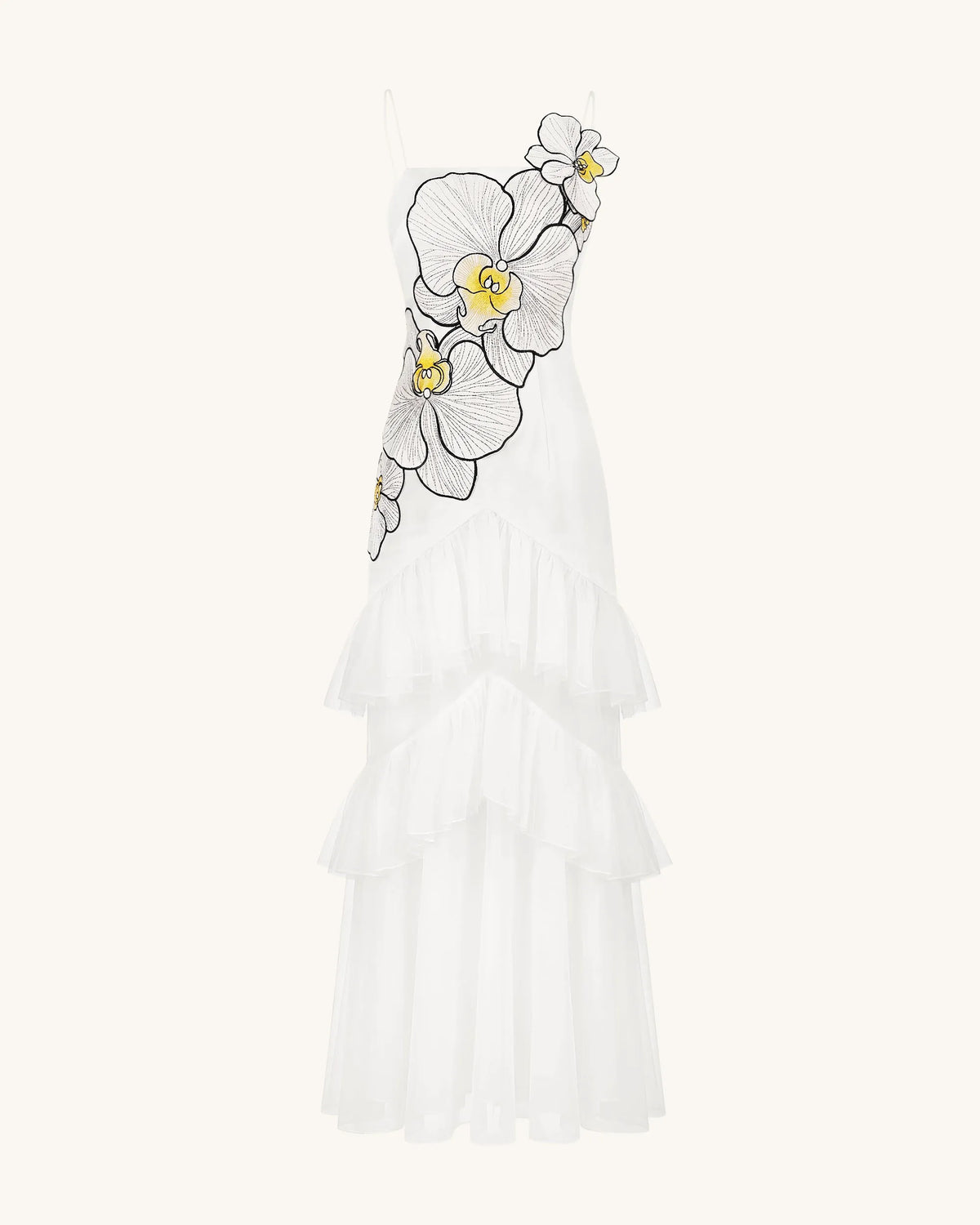 Orchid Embroidered Ruffled Tulle Strapless Maxi Dress - White