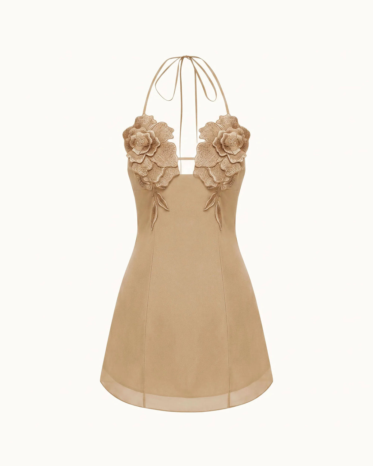 Flower Embroidered Mini Dress - Mocha Brown