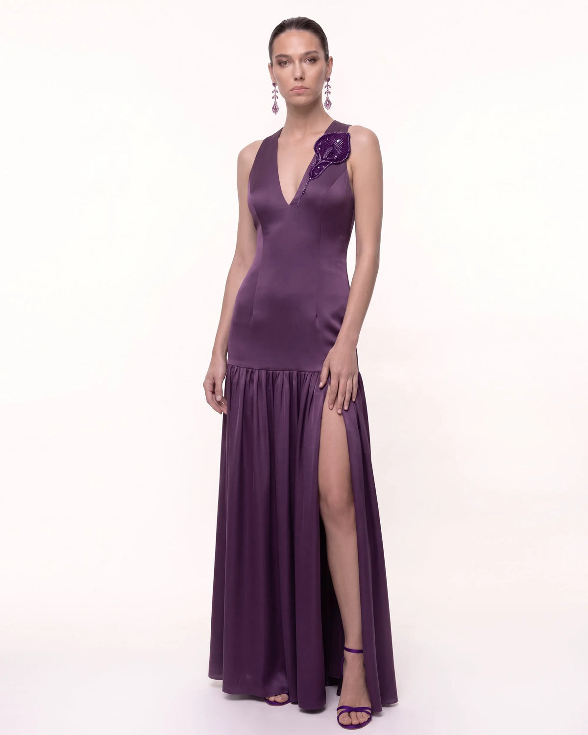 Calla Lily Embellished Plunge-Neck Drop-Waist Slit Maxi Dress - Purple