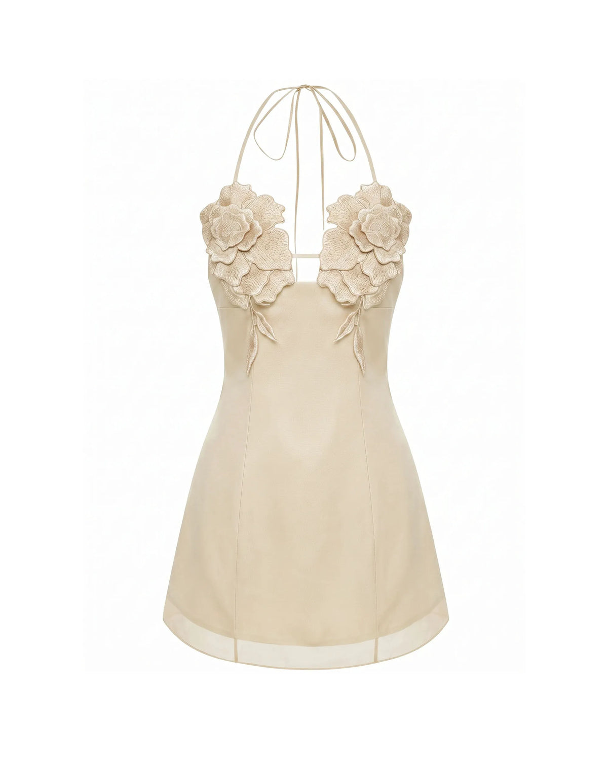 Flower Embroidered Mini Dress - Light Champagne