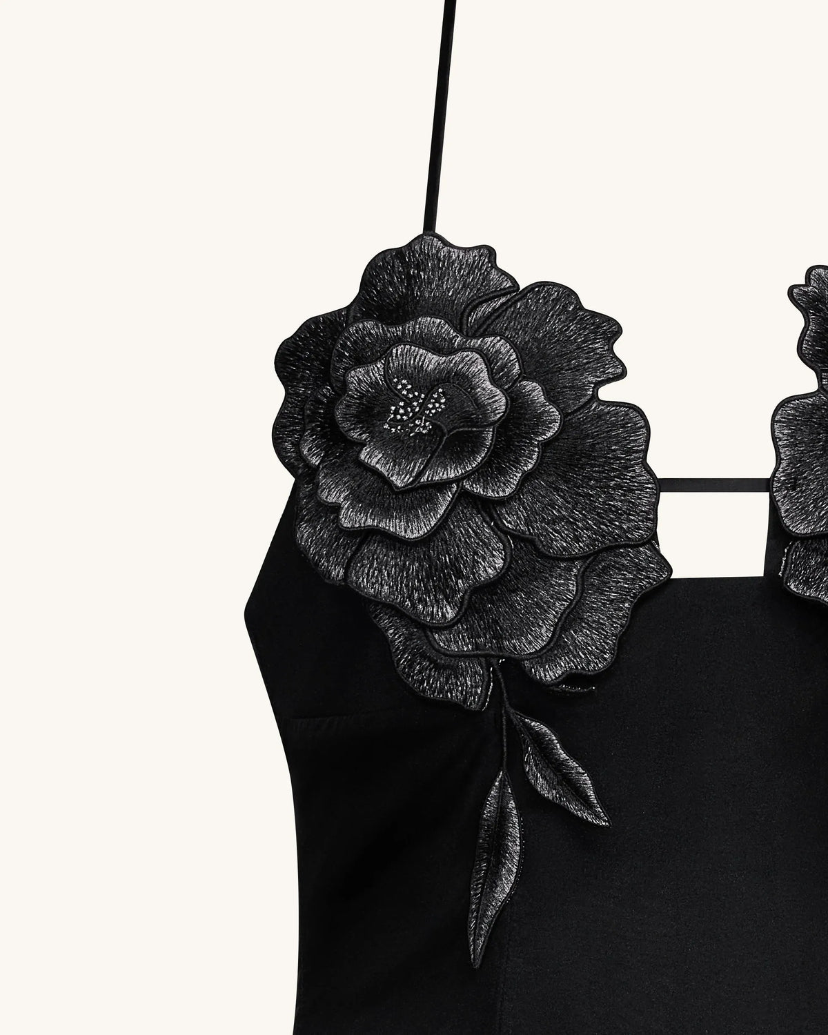 Flower Embroidered Mini Dress - Black