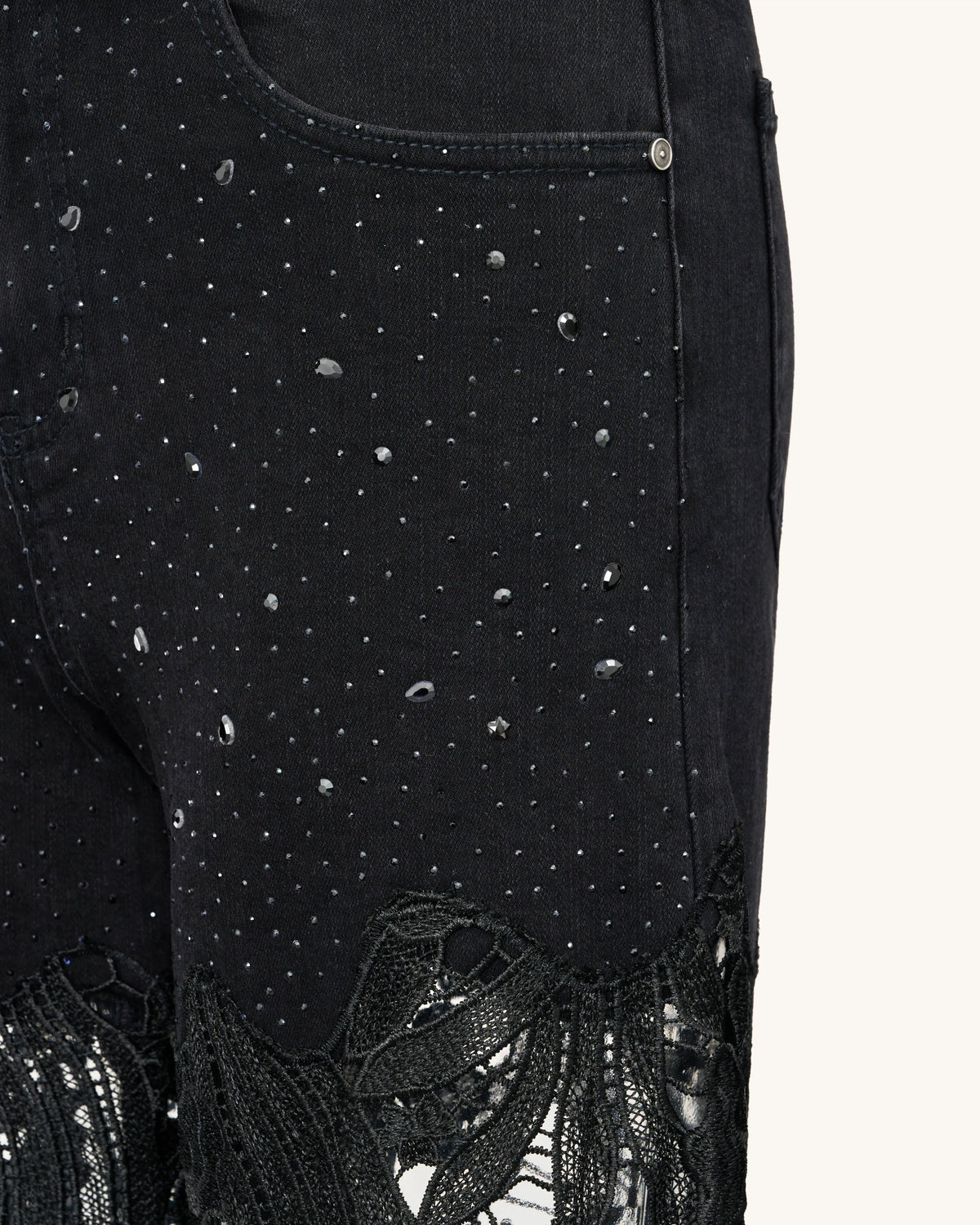 Embroidery High Rise Wide Leg Lace Denim Jeans With Rhinestone - Black