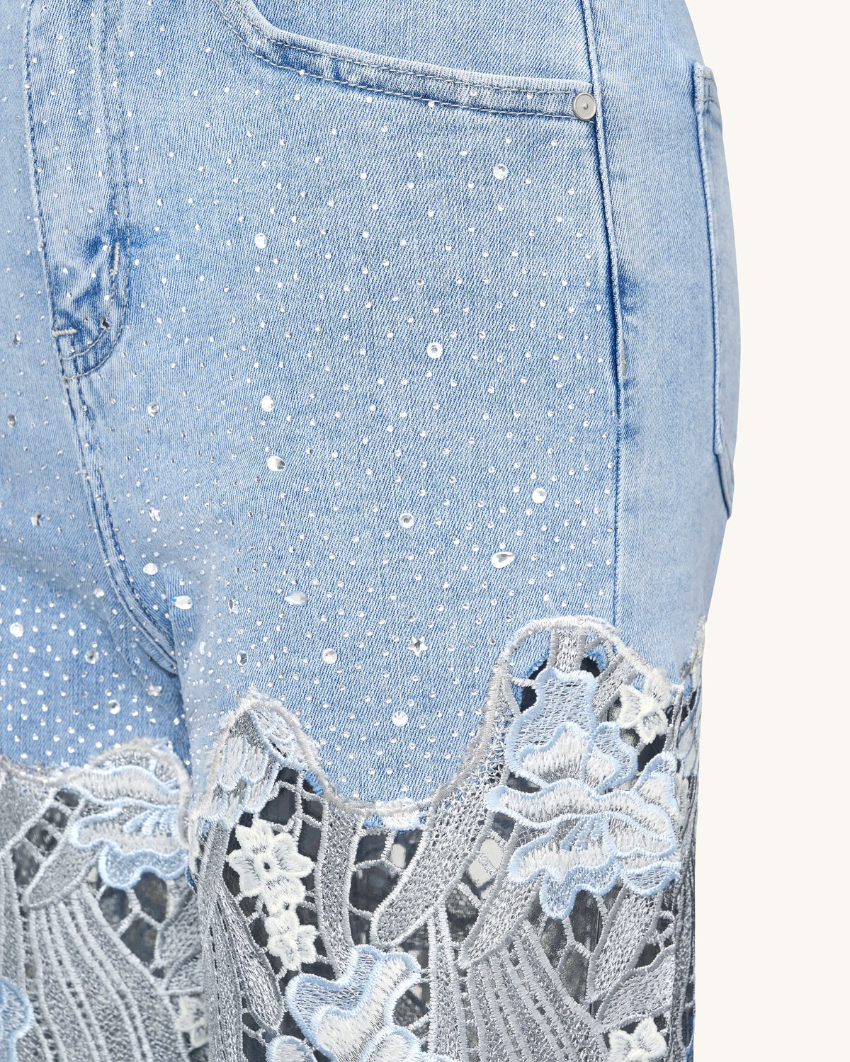 Embroidery High Rise Wide Leg Lace Denim Jeans With Rhinestone - Light Blue