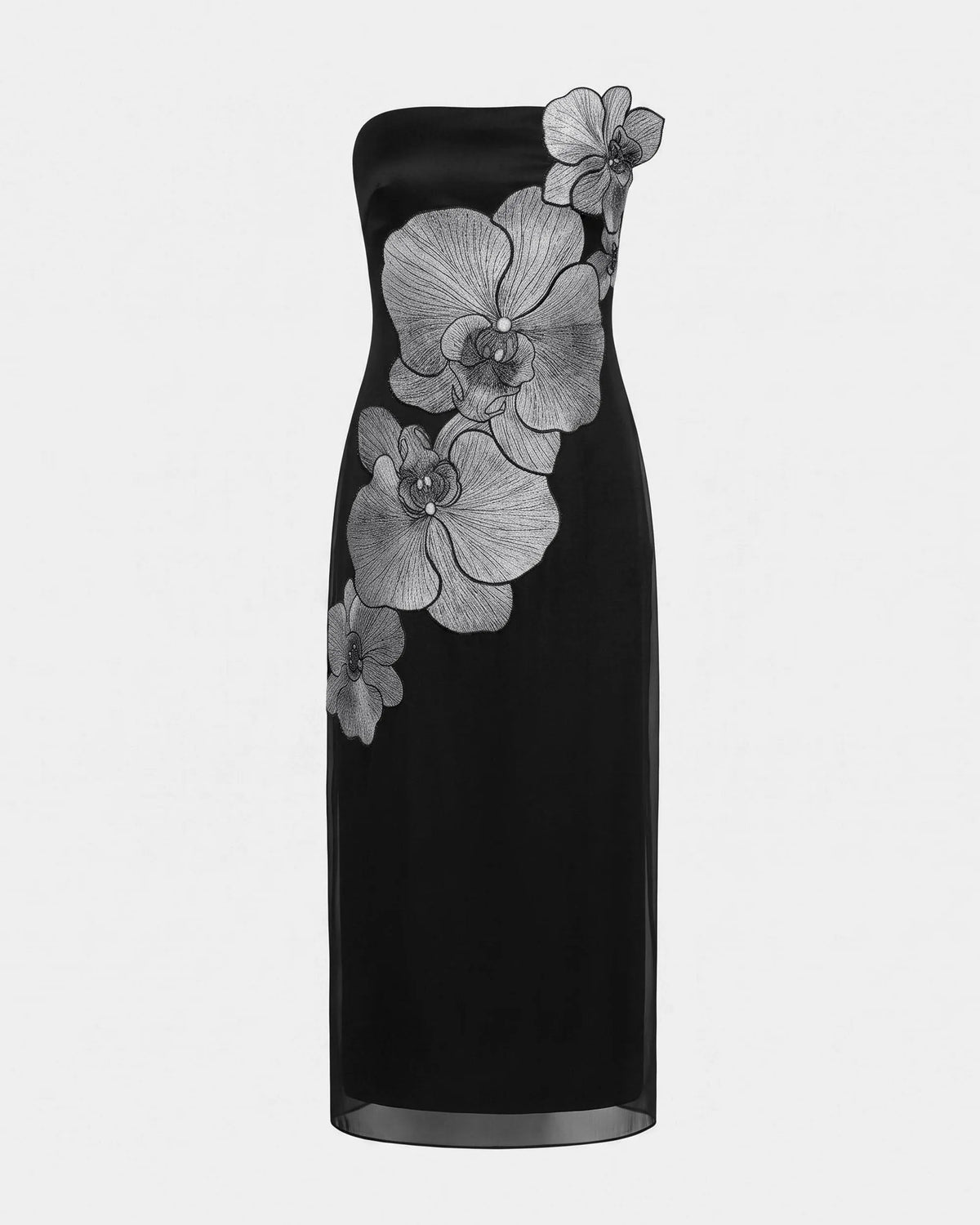 Orchid Embroidered Strapless Column Midi Dress - Black
