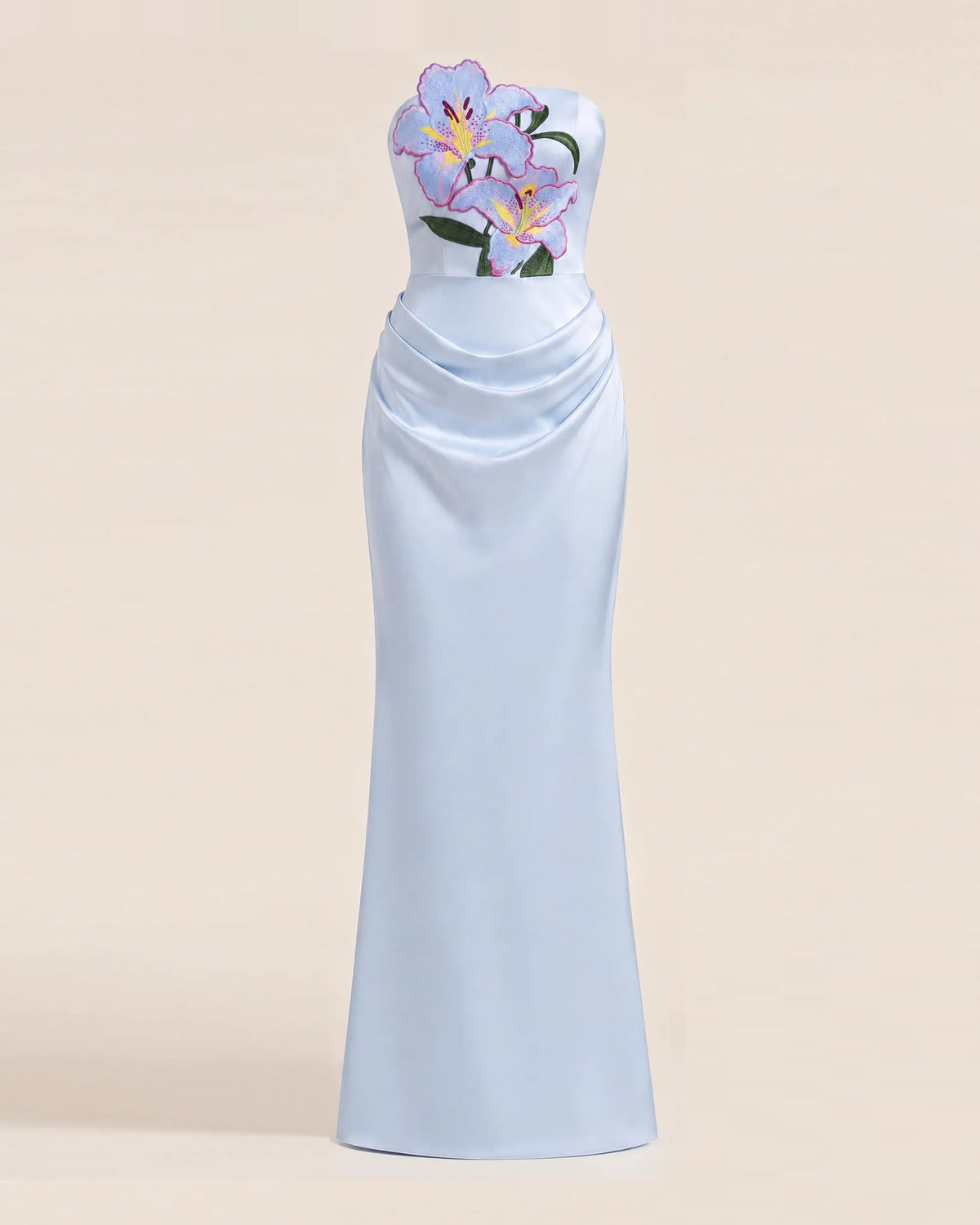 Lily Embroidered Strapless Ruched Maxi Dress - Light Blue