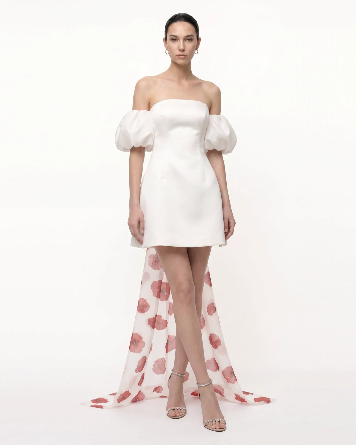 3D Floral Corn Poppy Puff-Sleeve Mini Dress with Train - Ivory