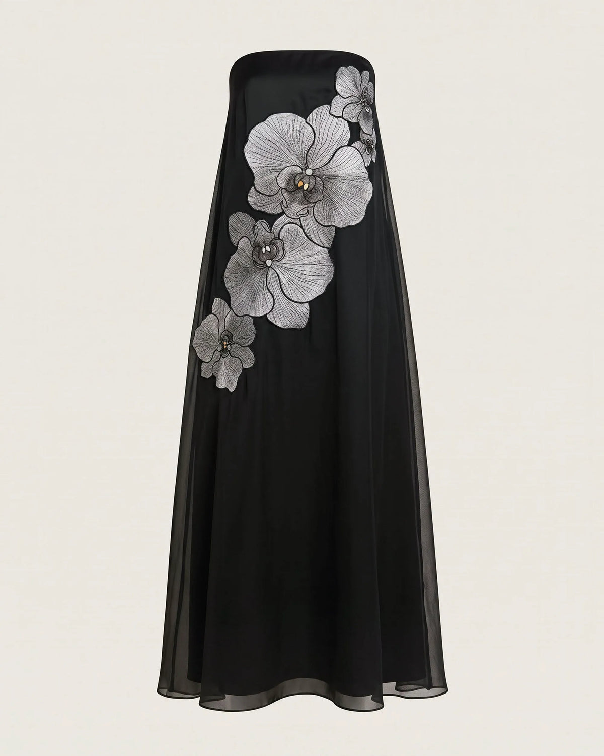 Orchid Embroidered Strapless Flowing Maxi Dress - Black