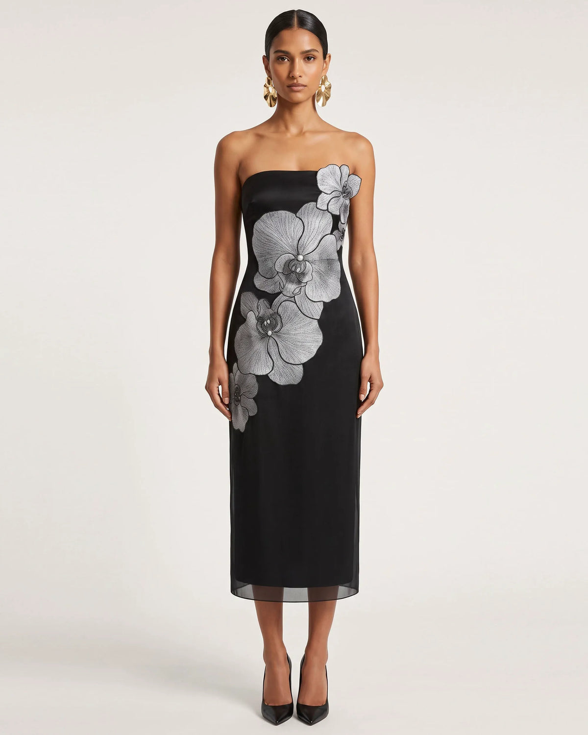 Orchid Embroidered Strapless Column Midi Dress - Black