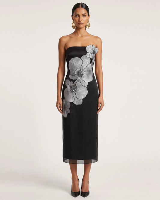 Orchid Embroidered Strapless Column Midi Dress - Black
