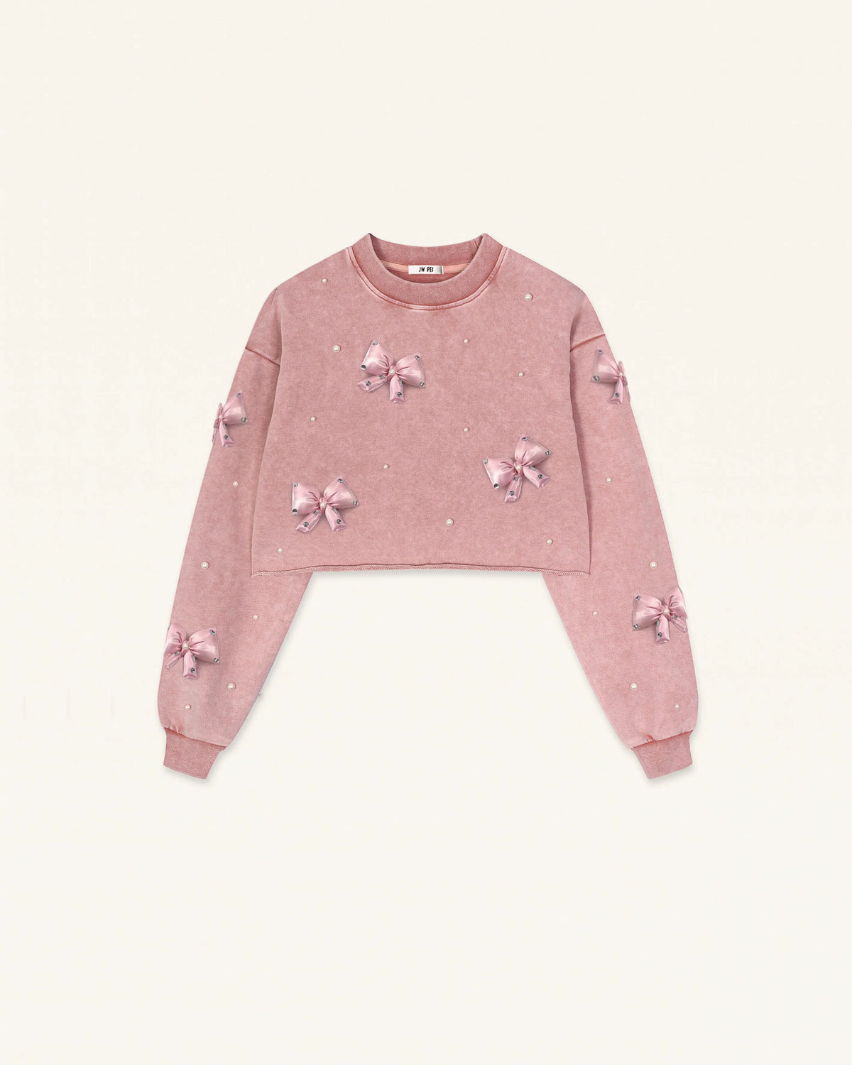 Coquette 3D Satin Bow Pearl Sweatshirt - Vintage Pink