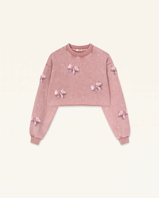 Coquette 3D Satin Bow Pearl Sweatshirt - Vintage Pink