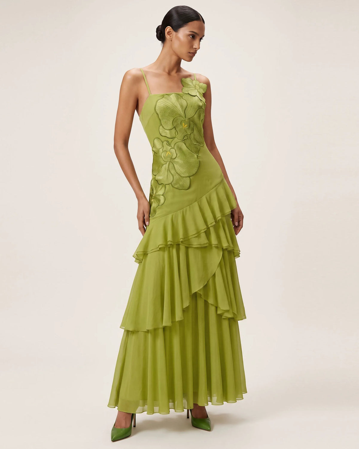 Orchid Embroidered Ruffled One-Shoulder Maxi Dress - Olive Green