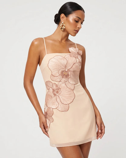 Orchid Appliqué Mini Dress - Light Flesh Pink