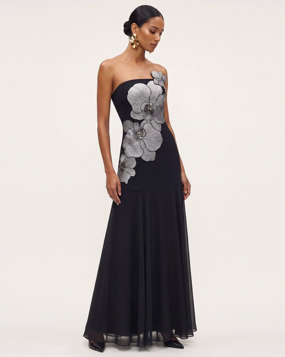 Orchid Embroidered Strapless A-Line Maxi Dress - Black