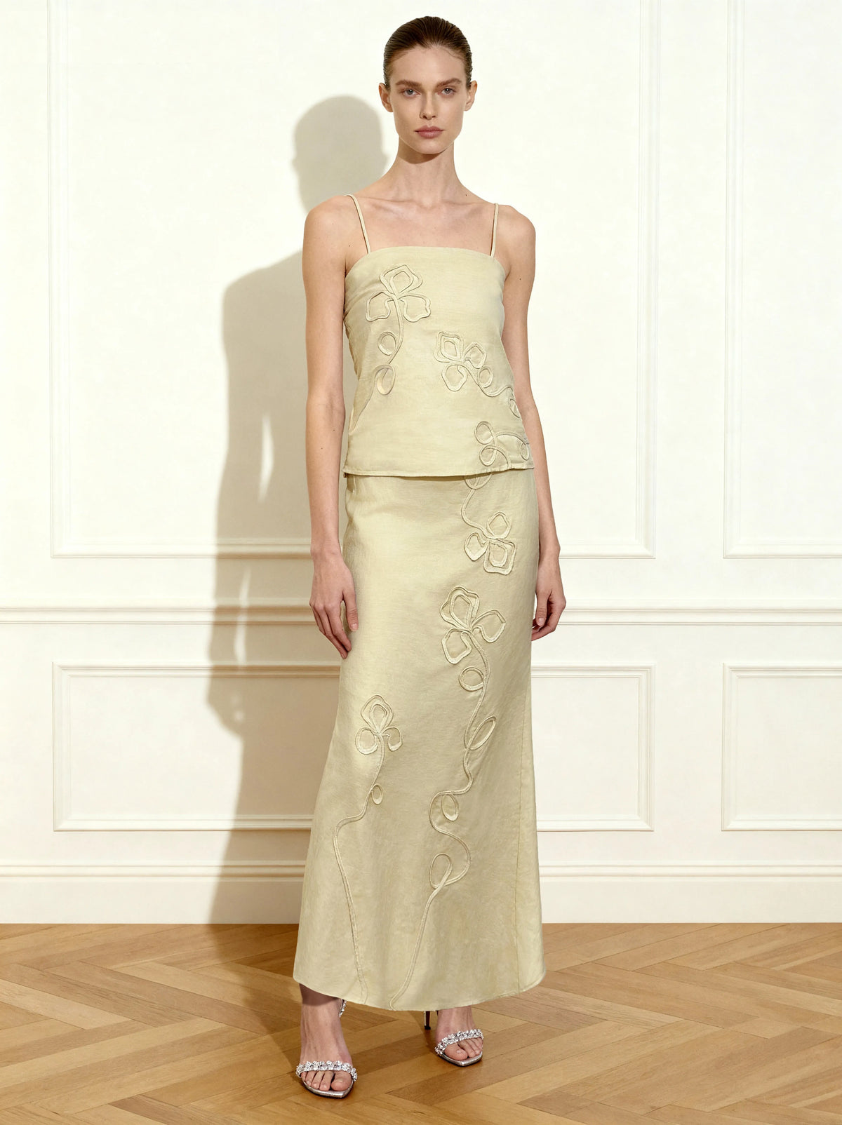 Linen Corded Embroidery Maxi Skirt - Natural