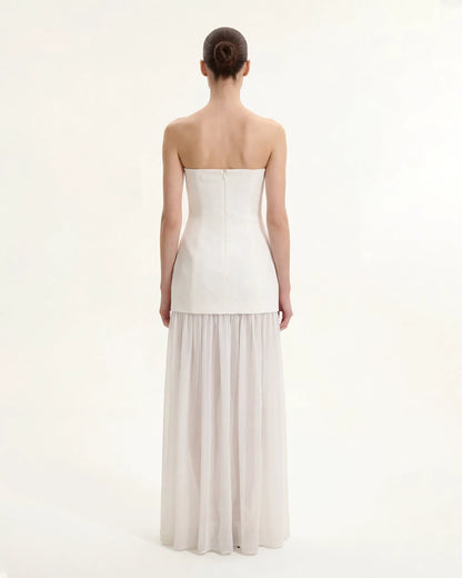 Floral Print Strapless Mixed Maxi Dress - Ivory