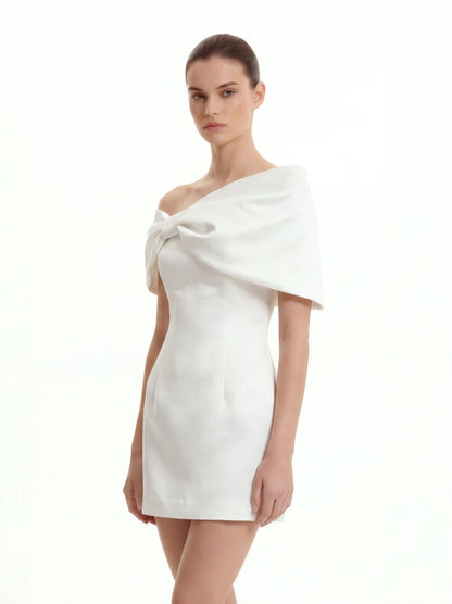 Satin Asymmetric Bow Mini Dress - White