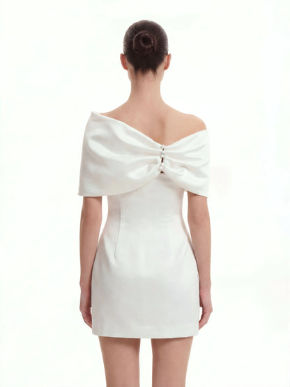 Satin Asymmetric Bow Mini Dress - White