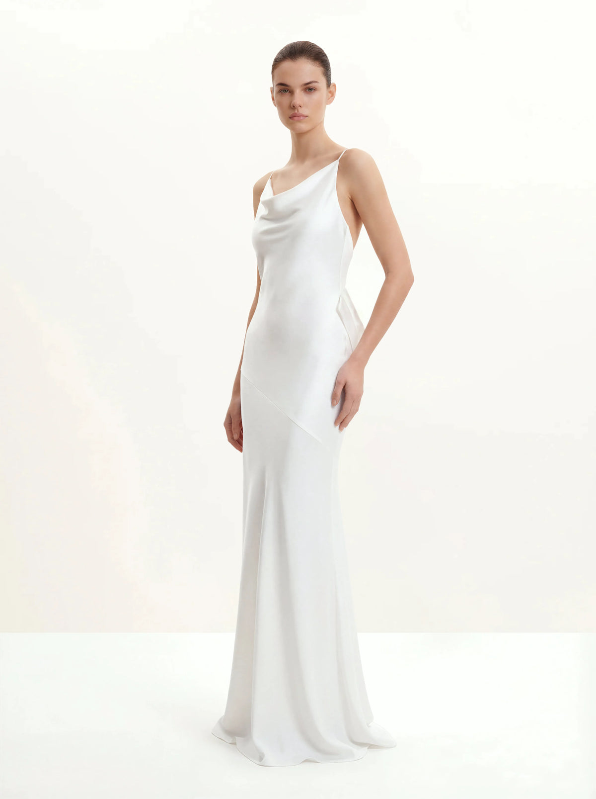 Satin Cowl-Neck Bow-Back Maxi Dress - White
