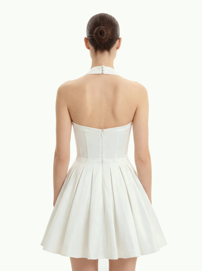 Pleated Bustier Halter Mini Dress - White