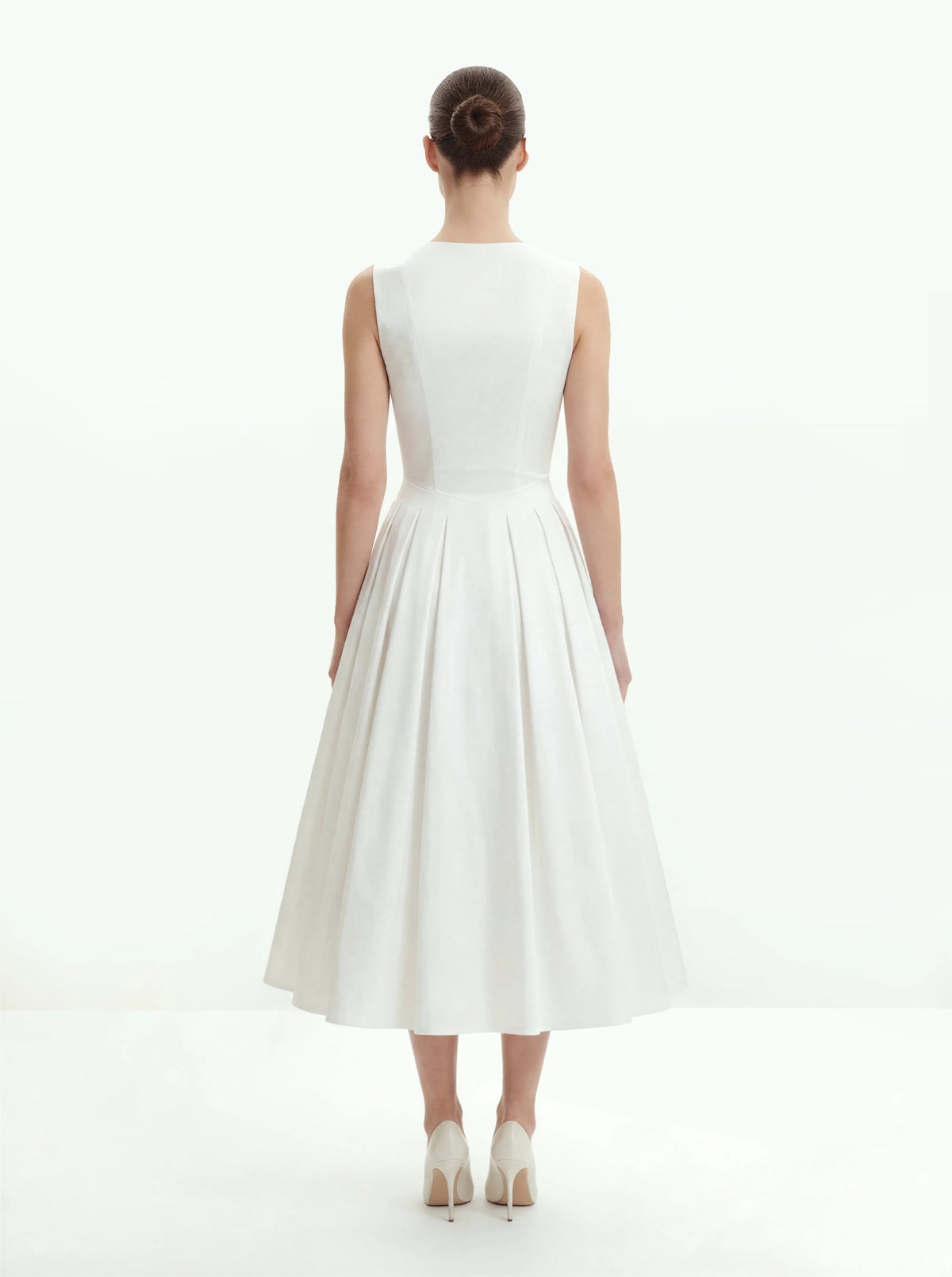 Front V-Neck Pleated Midi Dress - White