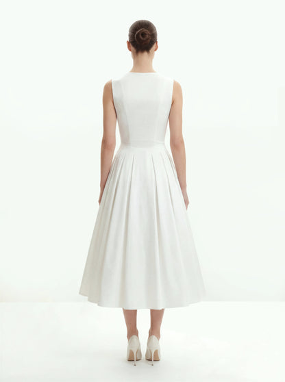 Front V-Neck Pleated Midi Dress - White