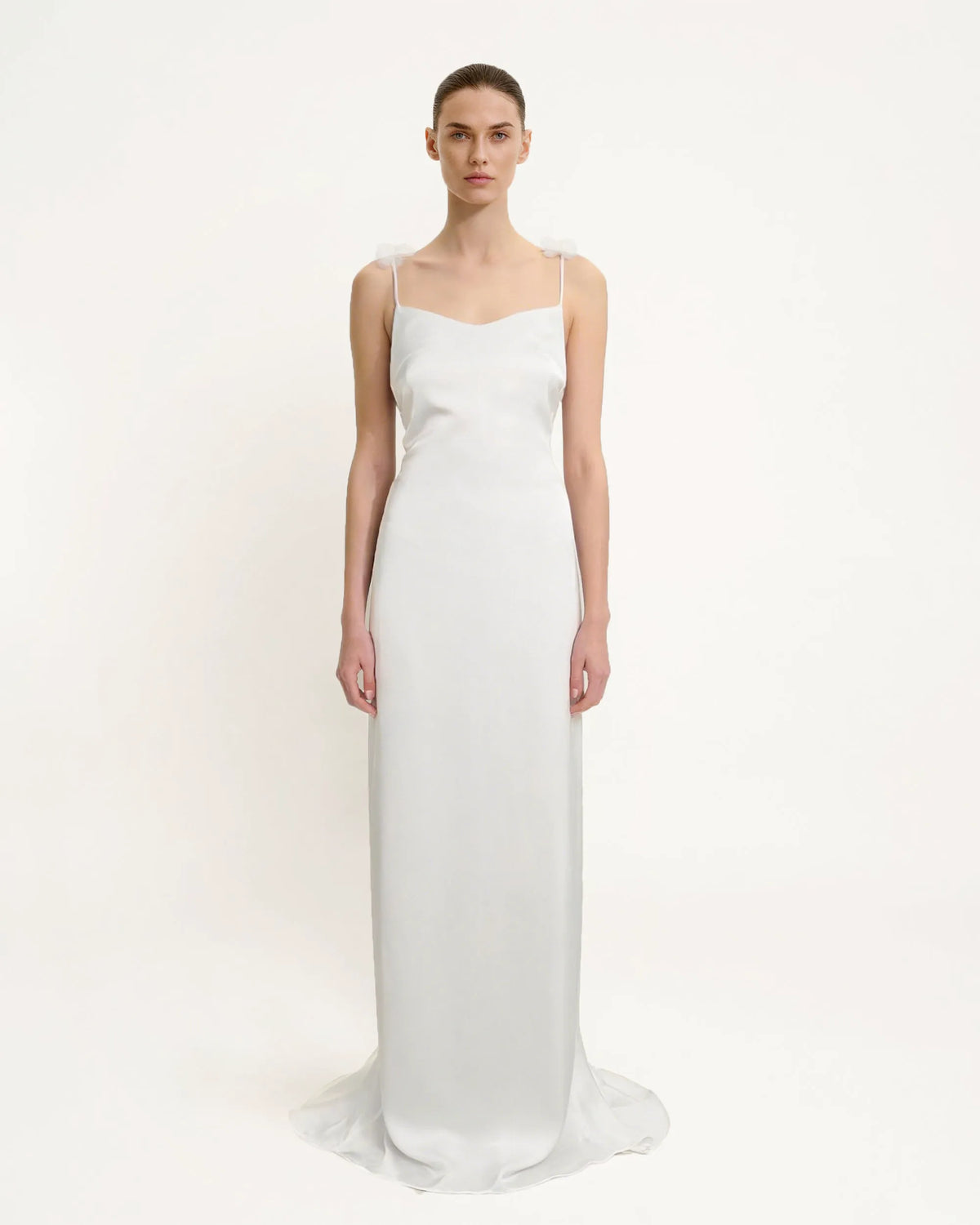 Satin Strappy Maxi Dress with Floral Streamers - White