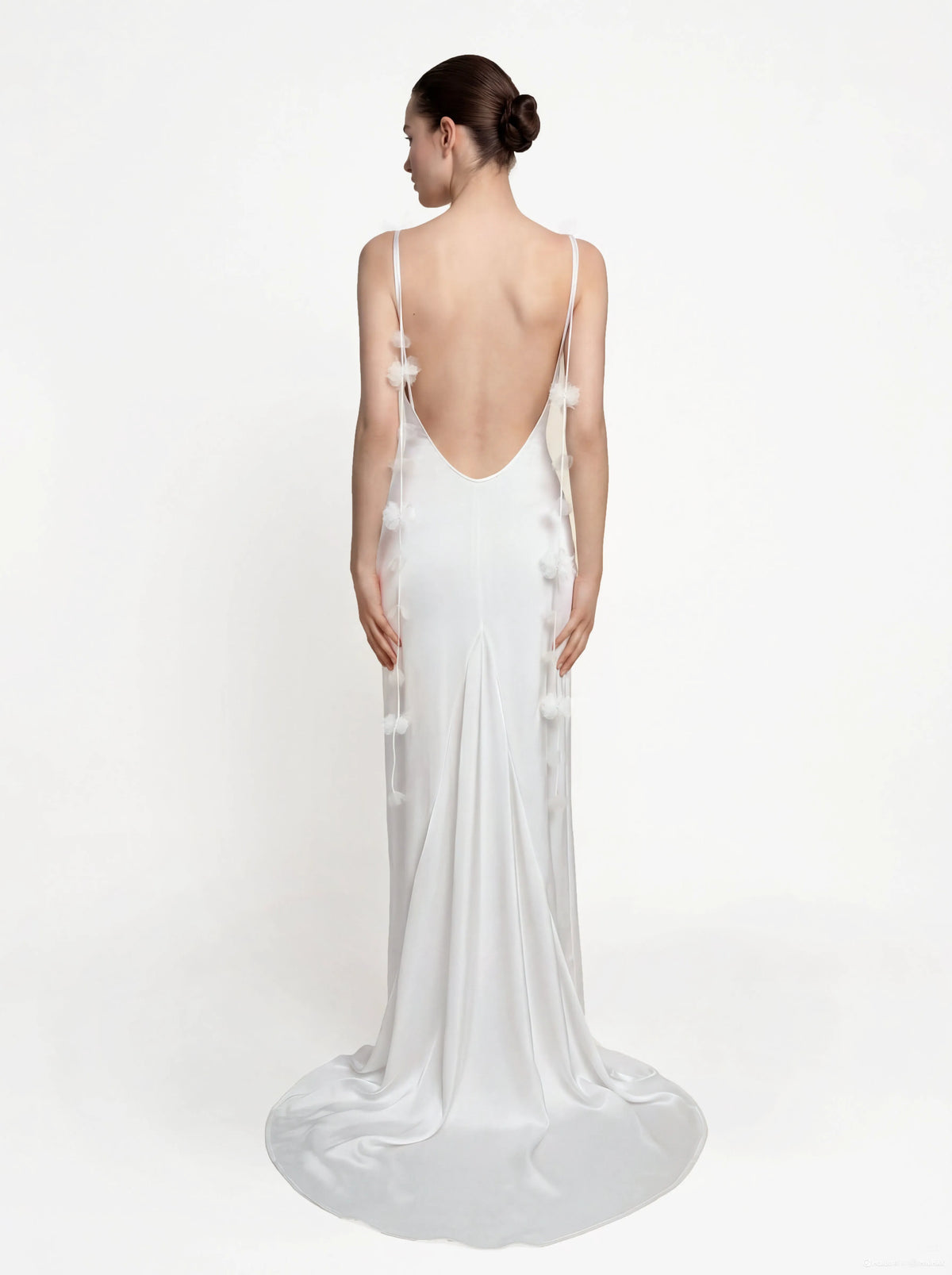 Satin Strappy Maxi Dress with Floral Streamers - White