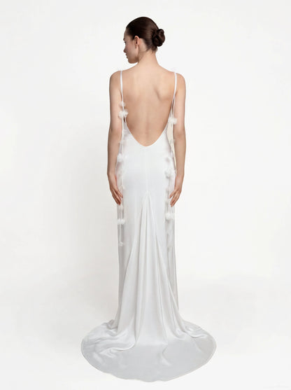 Satin Strappy Maxi Dress with Floral Streamers - White