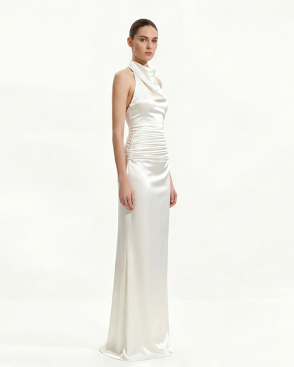 Satin Cowl Neck Ruched Maxi Gown - White