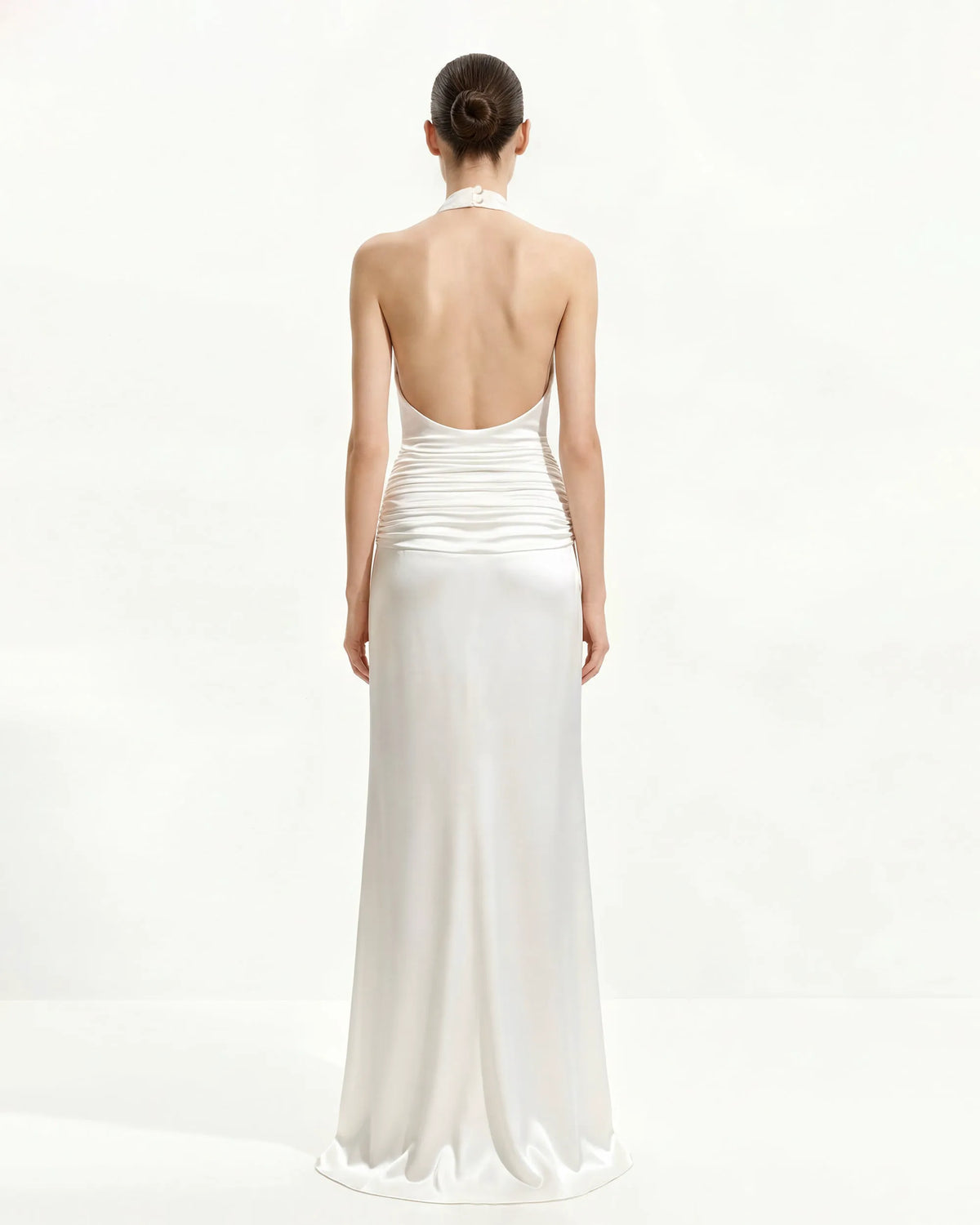 Satin Cowl Neck Ruched Maxi Gown - White