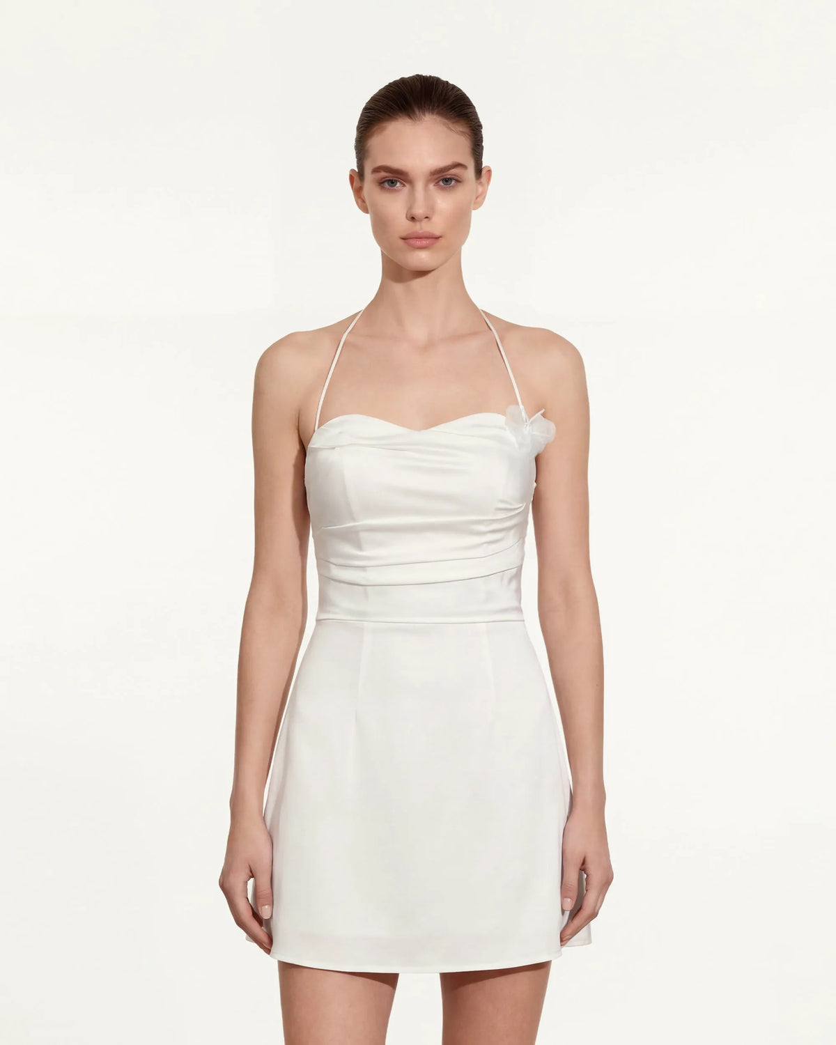 Floral Ruched Halter Mini Dress - White