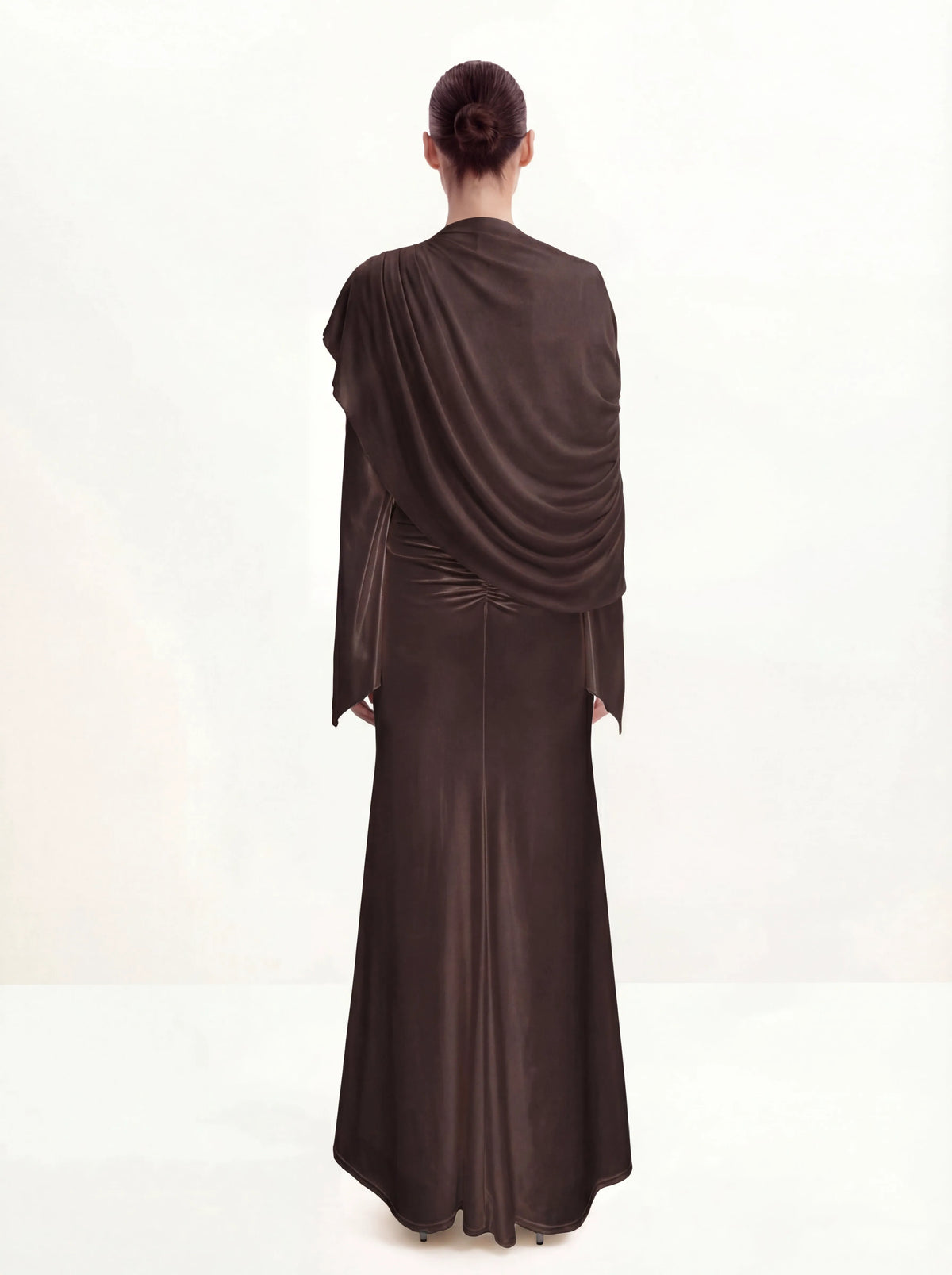 Sheer Shawl Ruched Bodycon Maxi Gown - Brown