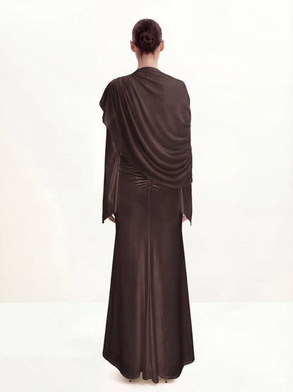 Sheer Shawl Ruched Bodycon Maxi Gown - Brown