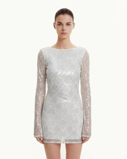 Diagonal Sequin Open-Back Long Sleeve Mini Dress - White