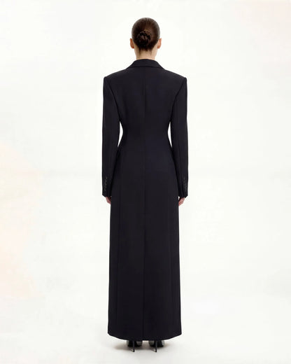 Structured Shoulder Fitted Lapel Maxi Coat - Black