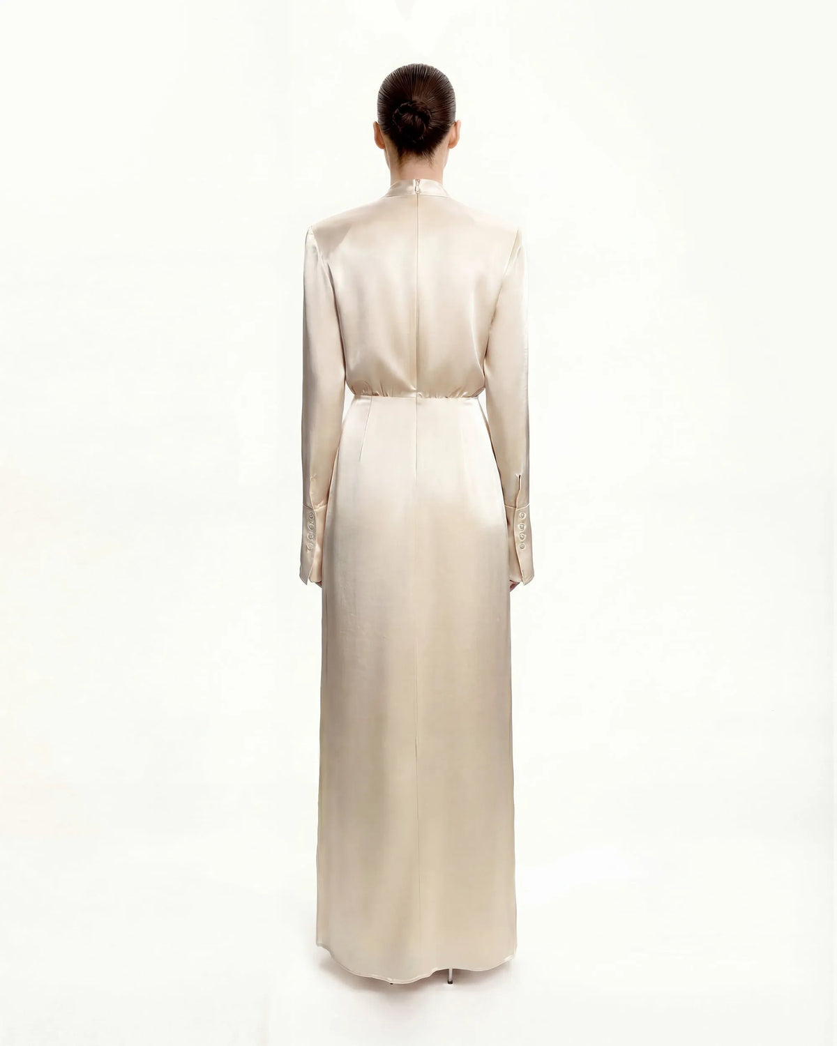 Structured Shoulder Design Satin High-Neck Fitted Maxi Dress - Cream