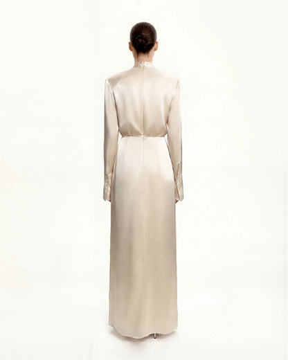 Structured Shoulder Design Satin High-Neck Fitted Maxi Dress - Cream