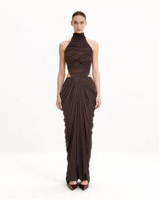 Draped Twist-Front Maxi Skirt - Brown