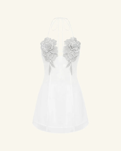Flower Embroidered Mini Dress - White
