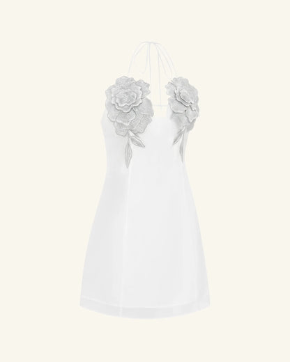 Flower Embroidered Mini Dress - White