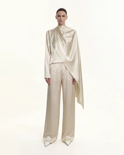 Asymmetric Drape High-Neck Cape Top - Cream