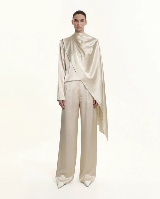 Asymmetric Drape High-Neck Cape Top - Cream
