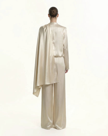 Asymmetric Drape High-Neck Cape Top - Cream