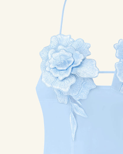 Flower Embroidered Mini Dress - Blue