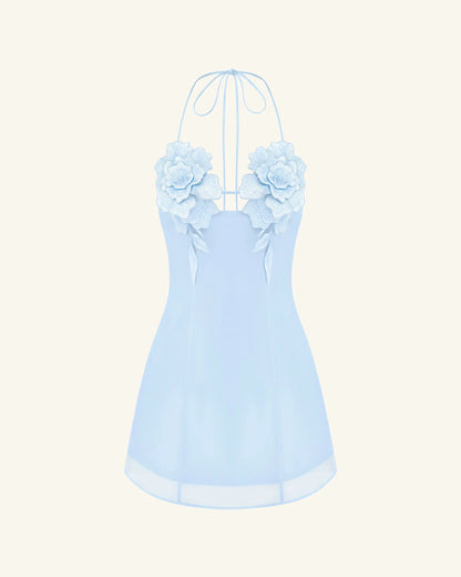 Flower Embroidered Mini Dress - Blue