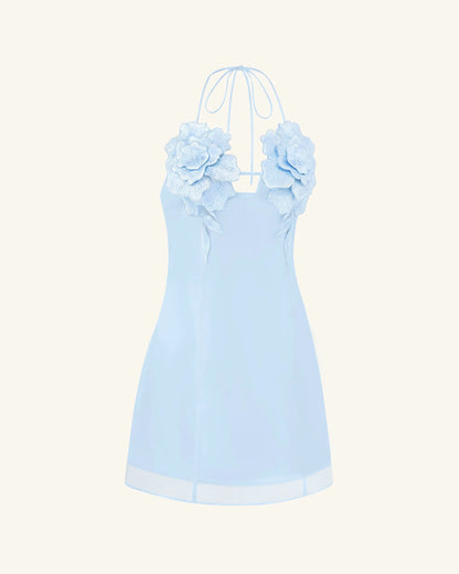 Flower Embroidered Mini Dress - Blue