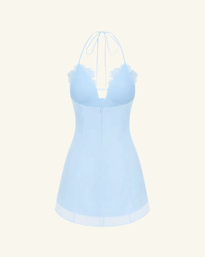 Flower Embroidered Mini Dress - Blue