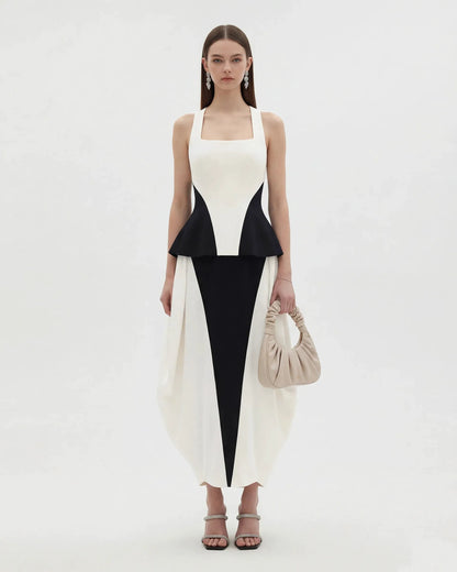 Monochrome Paneled Square-Neck Peplum Top - Black